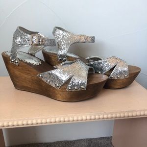 Juicy Couture Silver Glitter Wooden Wedges